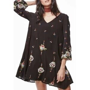 Free People Embroidered Oxford Swing Dress Tunic Black Small Floral Bohemian EUC